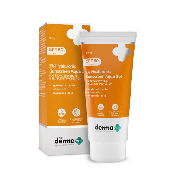 The Derma Co 1% Hyaluronic Sunscreen Aqua Gel SPF 50 PA++++ I For Oily, Dry, Acne-prone Skin | Ultra Lightweight Texture I Non-Greasy, No White Cast | Broad Spectrum Protection & Blue Light Protection | For Men & Women | 80 g
