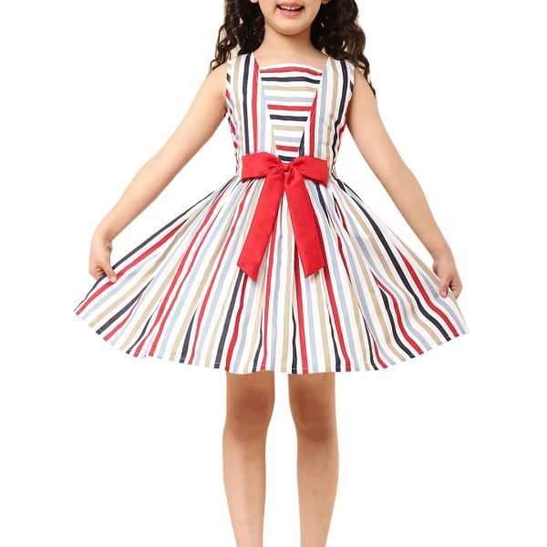 A.T.U.N. (ALL THINGS UBER NICE) Girls Striped Knee Length Fit and Flare Dress | Sleeveless Party and Special Occasion Dress for Kids