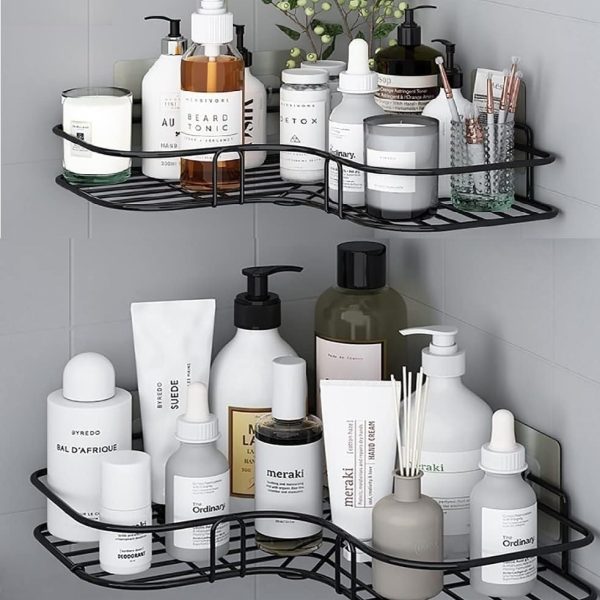 Oslen (Pack of 2 Self-Adhesive Shelf/Storage Organizer for Bathroom and Kitchen Corner Wall Mounted Rack Shelf Bathroom Accessories Storage Rack (No Drilling-Shelf Adhesive) (8 and 9 INCH,Black)