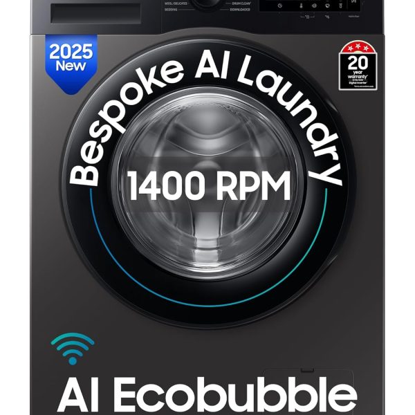 Samsung 9 kg, 5 star, AI EcoBubble, Super Speed, Wi-Fi, Hygiene Steam with Inbuilt Heater, Digital Inverter, Fully-Automatic Front Load Washing Machine (WW90DG5U24AXTL, Inox)