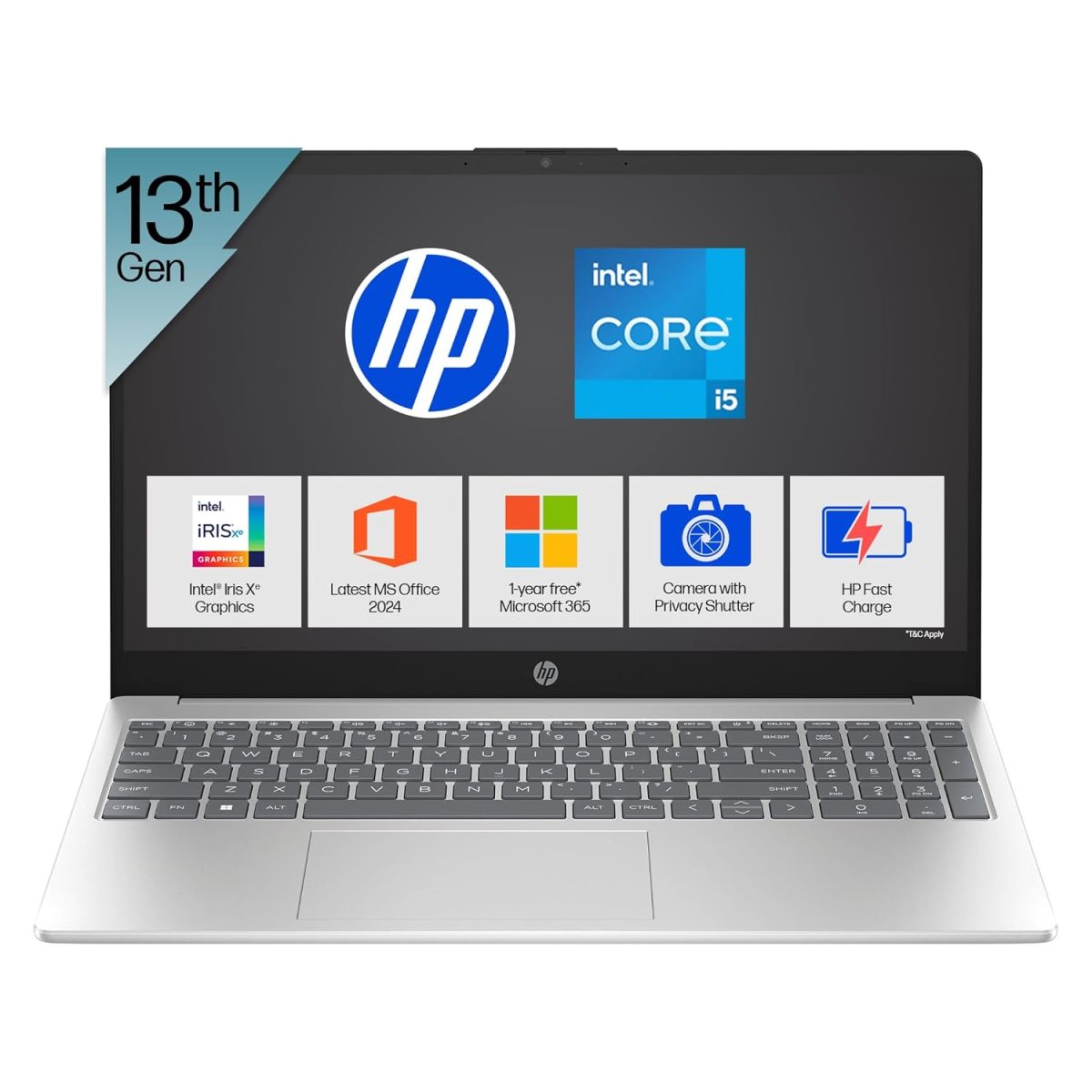 HP 15, 13th Gen Intel Core i5-1334U Laptop (16GB DDR4,512GB SSD) Anti-Glare, Micro-Edge,15.6''/39.6cm, FHD, Win11,M365 Basic(1yr),Office Home24, Silver,1.59kg, Iris Xe,FHD Camera w/Shutter, fd0577TU