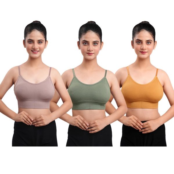 Texello Women's Cotton Wire-Free Full Coverage Lightly Padded Sports Bra - Comfortable & Supportive Everyday Wear - Pack of 3 (Size- 2XS, Brown, Beige, Green)