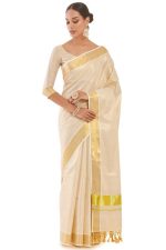 Fashily Women’s Kerala Tissue Plain Saree with Running Blouse| Onam & Vishu Kani Special | Traditional Kasavu White Colour
