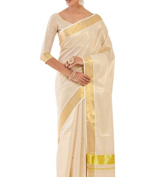 Fashily Women’s Kerala Tissue Plain Saree with Running Blouse| Onam & Vishu Kani Special | Traditional Kasavu White Colour