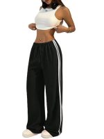 THIRD QUADRANT Women's Wide Leg Track Pants for Women | Black with White Side Stripes | Drawstring Waist (in, Alpha, L)