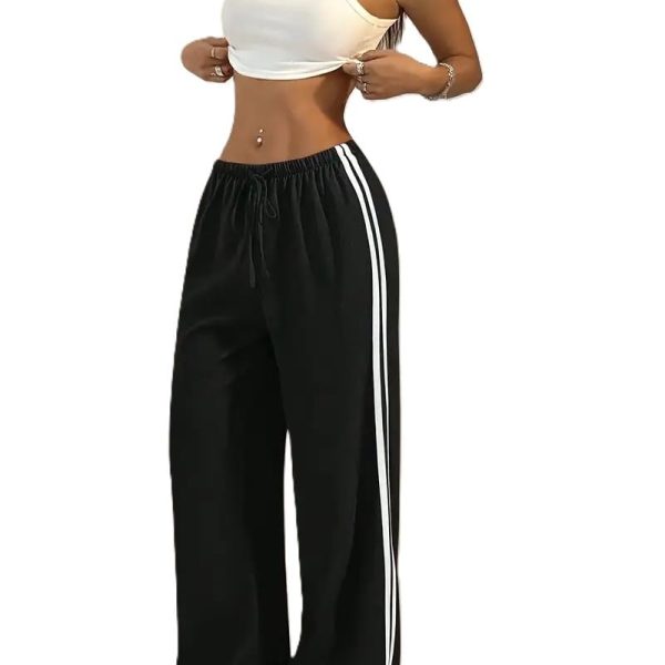 THIRD QUADRANT Women's Wide Leg Track Pants for Women | Black with White Side Stripes | Drawstring Waist (in, Alpha, L)