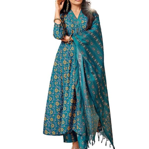 Royal Export Women's Viscose Floral Printed Anarkali Kurta with Palazzo Pants & Dupatta - Ethnic Wear