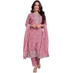 SHIENZY Women's Embroidered Work Chanderi Kurta & Pant With Dupatta || Straight Kurta Outfits || Ethnic Set (1655_Kurta Set)