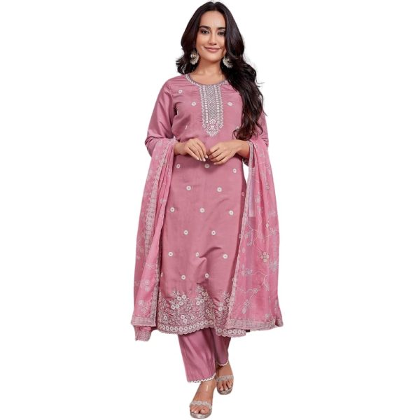 SHIENZY Women's Embroidered Work Chanderi Kurta & Pant With Dupatta || Straight Kurta Outfits || Ethnic Set (1655_Kurta Set)