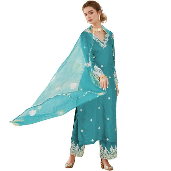 SHIENZY Women's Embroidered Chanderi Kurta Pant Set With Net Dupatta | V Neck, 3/4 Sleeve Ethnic Set | Outfit for Office & Festive Wear (1657 Kurta Set)