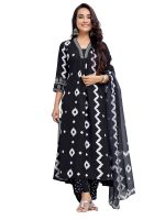 Royal Export Women's Viscose Ikat Print Embroidered Straight Kurta Pant with Dupatta (RX151-surbhiBlck)