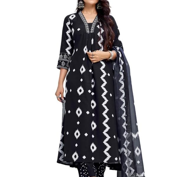 Royal Export Women's Viscose Ikat Print Embroidered Straight Kurta Pant with Dupatta (RX151-surbhiBlck)