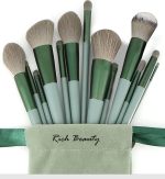 13-Piece Makeup Brush Set – Synthetic Bristles, Soft and Durable with Travel Pouch, Ideal for Blending, and Highlighting, green