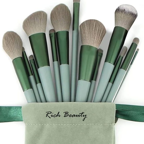 13-Piece Makeup Brush Set – Synthetic Bristles, Soft and Durable with Travel Pouch, Ideal for Blending, and Highlighting, green