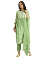 Kaari Women's Chikankari Kurta Set with Dupatta -Fit & Flare Fit | Chiffon Dupatta with Embroidered Band | Straight Pant with Side Pocket | Kurta Set For Women