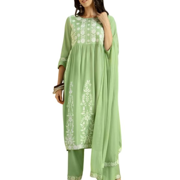 Kaari Women's Chikankari Kurta Set with Dupatta -Fit & Flare Fit | Chiffon Dupatta with Embroidered Band | Straight Pant with Side Pocket | Kurta Set For Women
