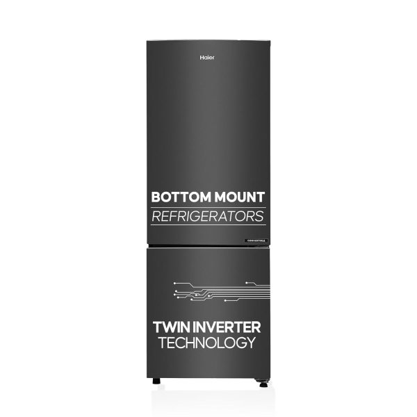 Haier 237 L, 3 Star, 8 In 1 Convertible, Twin Inverter Technology, Bottom Mounted Frost Free Double Door Refrigerator (HEB-243GB-P, GE Black)