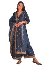 Royal Export Women's Viscose Silk Floral Embroidered Straight Kurta Palazzo with Dupatta (RX99)