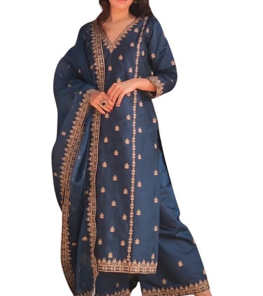 Royal Export Women's Viscose Silk Floral Embroidered Straight Kurta Palazzo with Dupatta (RX99)