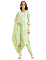 Kaari Women's Solid Color Kurta Set with Dupatta - Straight Fit | Silk Blend Fabric | Placement Embroidery on Neck | Organza Dupatta with Booti Work | Straight Pant with Side Pocket & Hem Embroidery