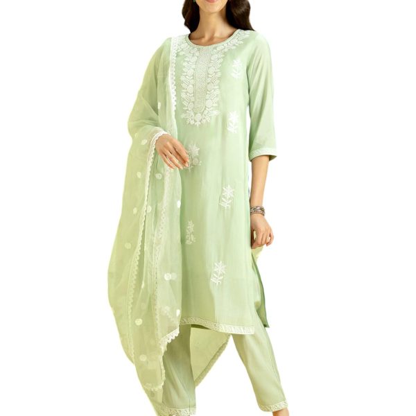 Kaari Women's Solid Color Kurta Set with Dupatta - Straight Fit | Silk Blend Fabric | Placement Embroidery on Neck | Organza Dupatta with Booti Work | Straight Pant with Side Pocket & Hem Embroidery