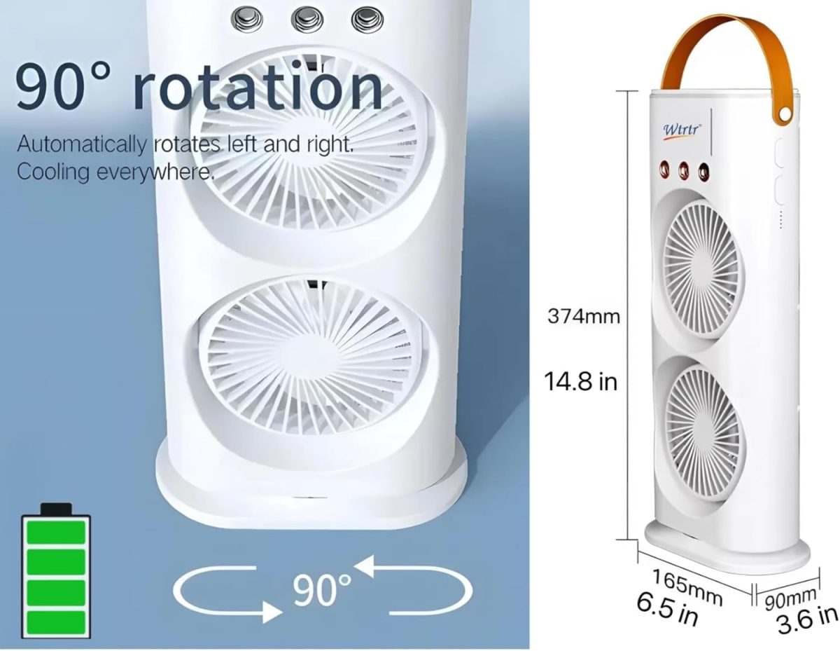PYXBE Portable Double Ended Mist Spray Fan for Summer Room Cooling, USB Rechargeable Mini AC Air Cooler Misting Fans for Home,Table | Electric Cooler With 280ml Water, 7colors Led & Remote (L-White)
