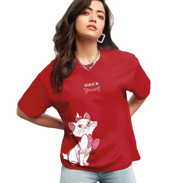 Bewakoof Women's Believe Cat Graphic Print 100% Cotton T-Shirt- Oversized Fit, Round Neck, Half Sleeve