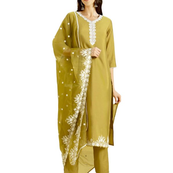 Kaari Women's Solid Color Kurta Set with Dupatta - Straight Fit | Silk Blend Fabric | Embroidery & Lace on Border | Organza Dupatta with Embroidery | Straight Pant with Side Pocket