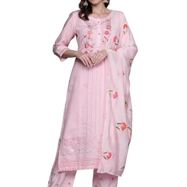 INDO ERA Straight Embroidered Silk Blend Kurta Trouser With Dupatta Set For Women