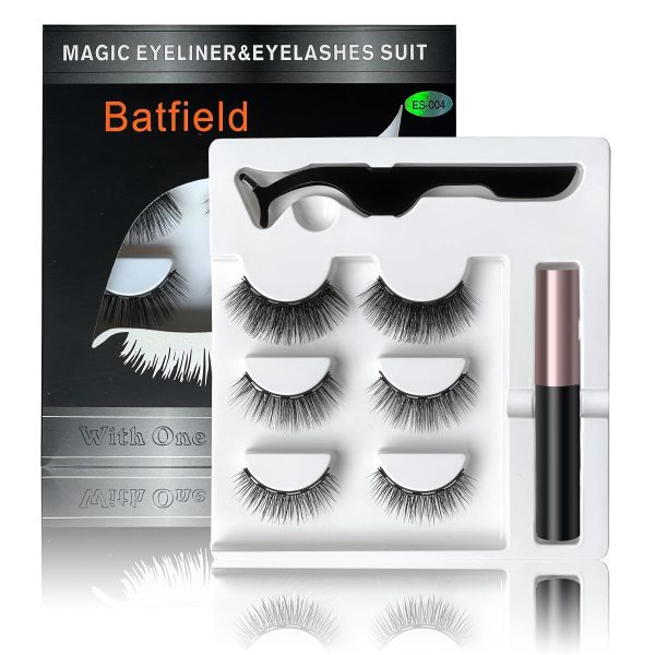 Batfield 3 Pairs Magnetic False Eyelashes - Reusable Fake Eyelashes with Eyeliner and Tweezer - Artificial Eye Lashes for Women Natural Wispy(Style 6)