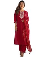 Sanisa Women's Cotton Blend Sequins Embroidery Straight Kurta with Pant and Dupatta Set