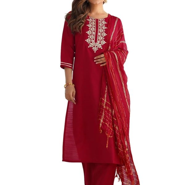 Sanisa Women's Cotton Blend Sequins Embroidery Straight Kurta with Pant and Dupatta Set