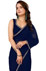 SHOPAZ Women's Ready to Wear Navy Blue Georgette 1 Minute Pre Pleated Mirror Saree With Unstiched Blouse