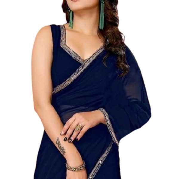 SHOPAZ Women's Ready to Wear Navy Blue Georgette 1 Minute Pre Pleated Mirror Saree With Unstiched Blouse