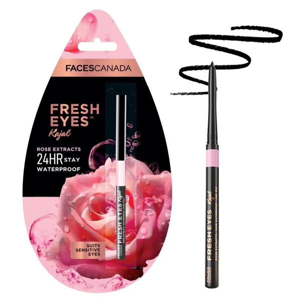 FACESCANADA Fresh Eyes Kajal Stick, 0.35G | With Rose Extracts | 24Hr Waterproof | Suits Sensitive Eyes | Intense Black Matte Finish | Refreshes Tired Eyes | Gentle | Smudgeproof | Vegan