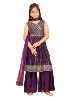 Aarika Girls Ethnic Wear Cream Colour Sequins Zari Embroidery Georgette Kurti Sharara Set