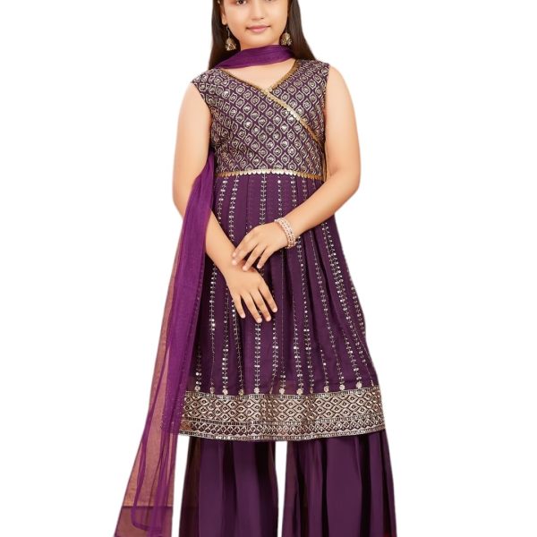 Aarika Girls Ethnic Wear Cream Colour Sequins Zari Embroidery Georgette Kurti Sharara Set