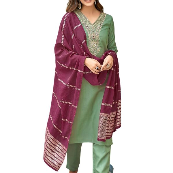 Sanisa Women's Cotton Blend Sequence Embroidery Work Straight Kurta with Pant and Dupatta Set| Ethnic Set | Suit Set | Kurta Set