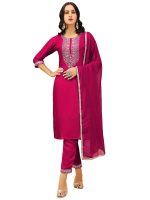 VredeVogel Women's Silk Blend Embroidered Kurta with Pant & Nazmin Border Lace Dupatta Set