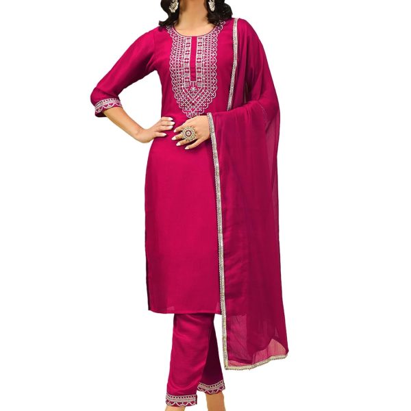 VredeVogel Women's Silk Blend Embroidered Kurta with Pant & Nazmin Border Lace Dupatta Set
