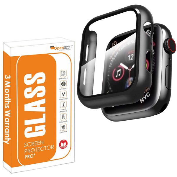 OpenTech Hard Matte Silicone Protection Front Case Cover With Attached Screen Protector Compatible For Apple Smartwatch Se2 / 6 / Se / 5/4 (44Mm) Full Coverage (Black)