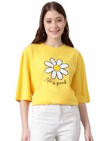 KOTTY Women’s Solid Slim Fit T-Shirt – Classic Round Neck, Stretchable Cotton Tee