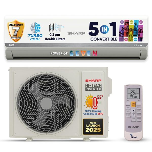 SHARP 1.5 Ton 3 Star 7-in-1 Convertible, Turbo Cool Technology, Anti-Corrosive Gold Fin Coating, Inverter Split AC, AH-SI18V3B-GC
