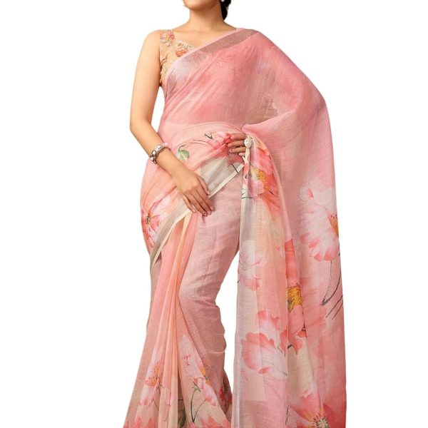 Satrani Women's Linen Printed & Zari Border Ready To Wear One Minute Pre Pleated Readymade Saree with Unstitched Blouse Piece