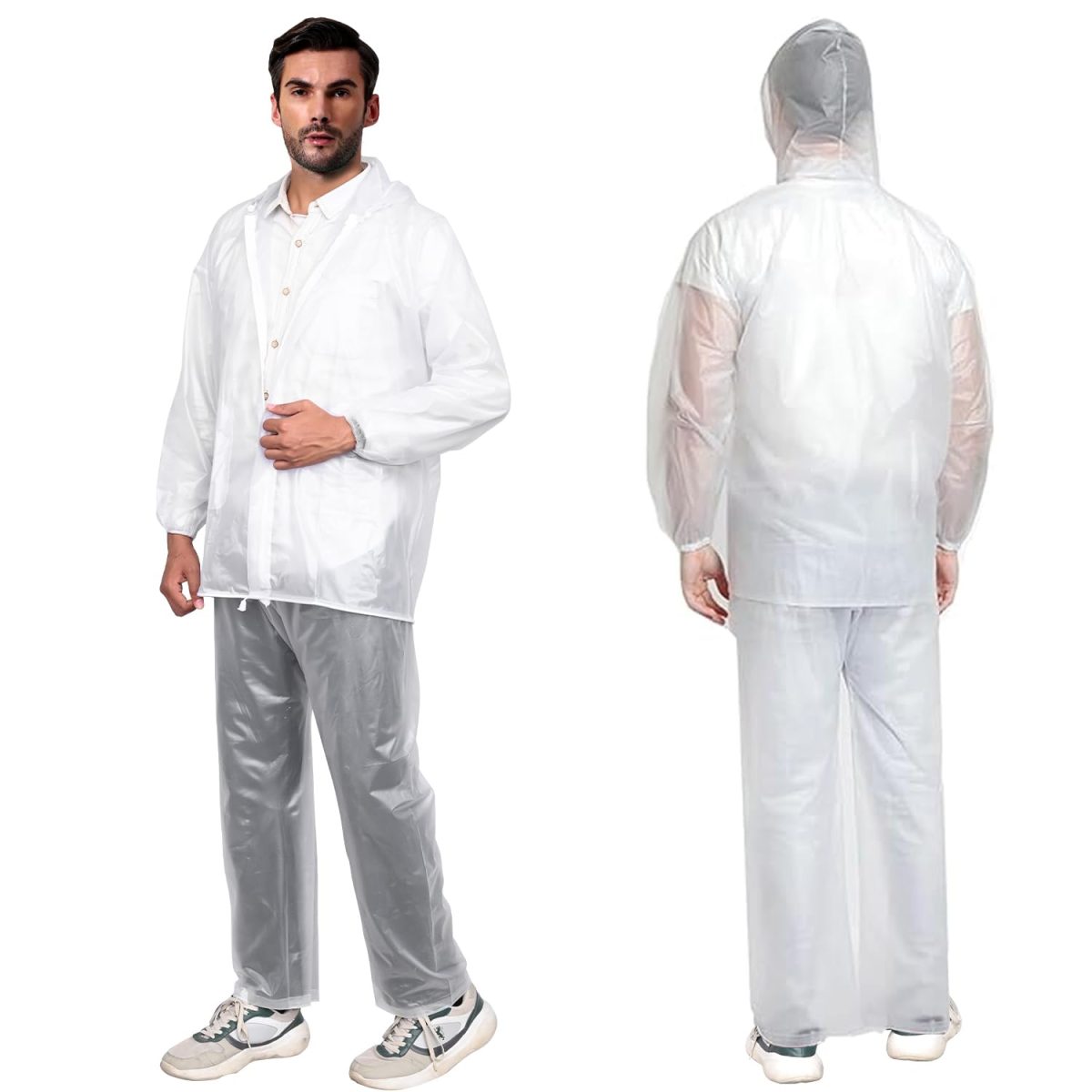 HACER Crystal Men Raincoat Water Resistant Rain Coat with Adjustable Hood Drawstring Hem Set of Top & Bottom with Carrying Pouch (XXL Size, Transparent)