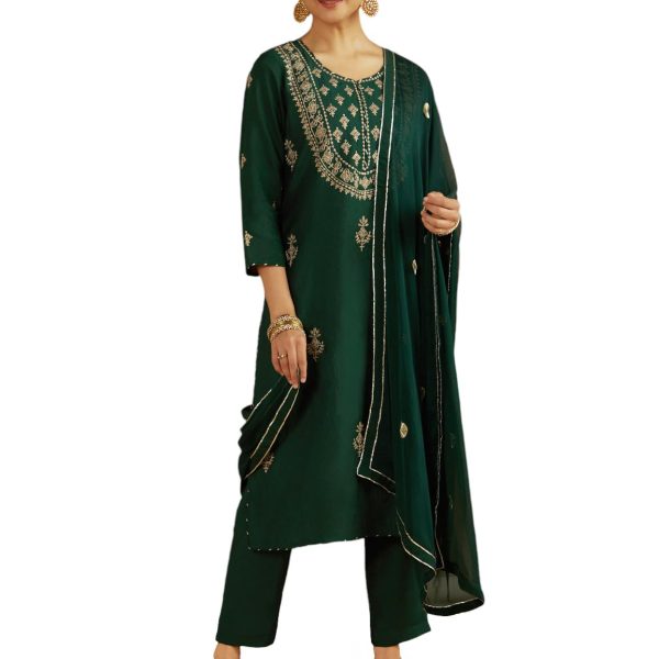 Kaari Women's Embroidered Kurta Set with Dupatta - Straight Fit | Silk Blend Fabric with Zari Embroidery | Gota Patti Work Cotton Dupatta | Kurta Set For Women