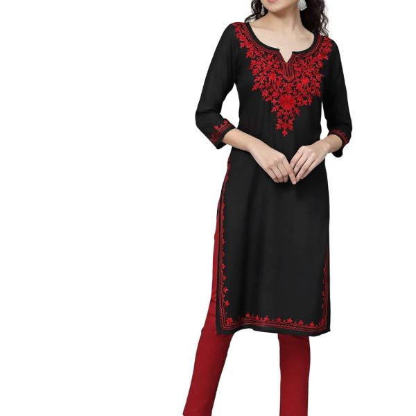 QAZMI Women's Cotton Embroidered Keyhole Neck Three-Quarter Sleeves Straight Kurti