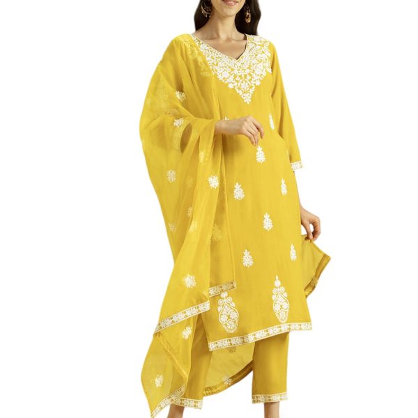 Kaari Women's Chikankari Kurta Set with Dupatta - Straight Fit | Organza Dupatta | Straight Pant with Side Pocket | Kurta Set for Women