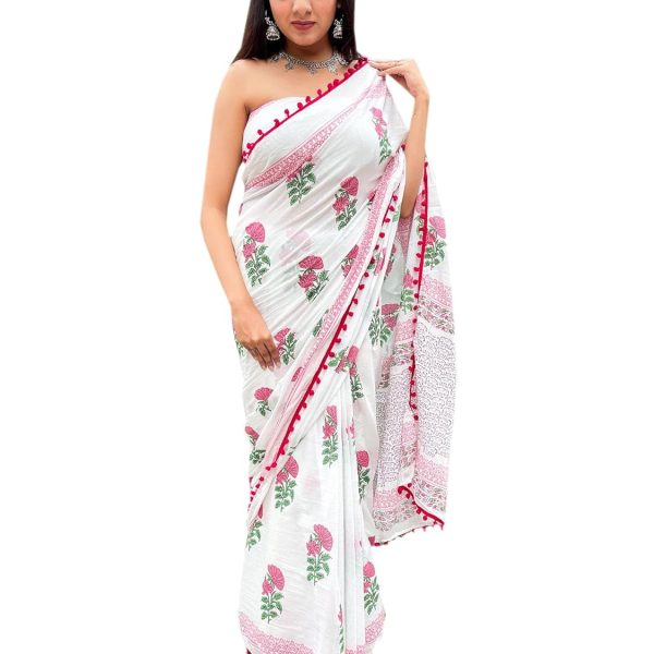 Shivanya Handicrafts Printed Mulmul Cotton Saree for Women Attach Blouse Piece