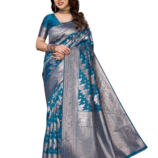 Yashika Women's Banarasi Kanjivaram Cotton Silk Saree With Unstitched Blouse Material